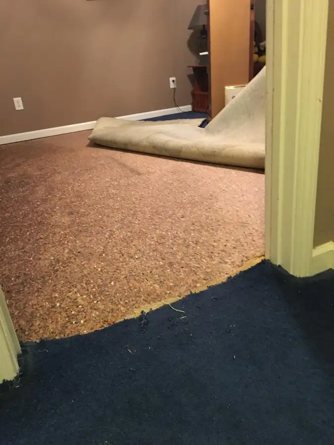 Carpet pad removal revealing water damage during Drying & Dehumidification in Hot Springs Village